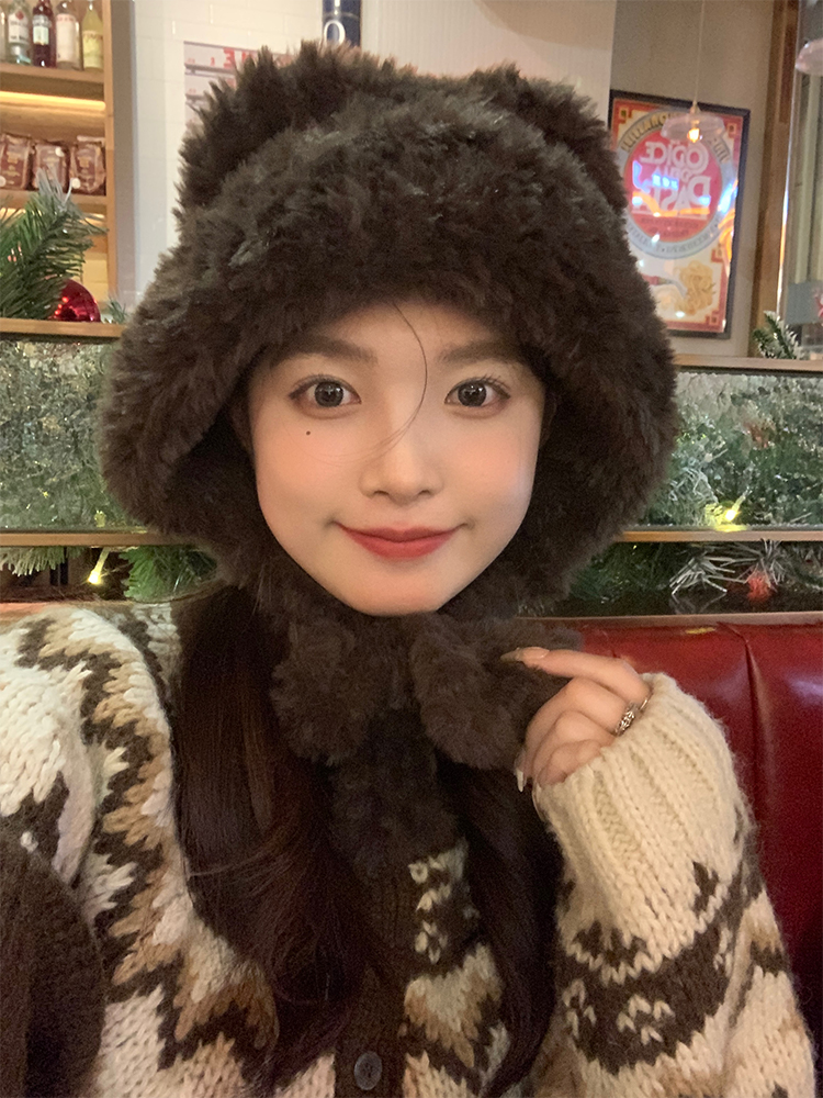 Cute Bear Plush Hat for Women - Adorable Face Design, Small Ear Protection - Autumn Winter 2025 Fashion Accessory