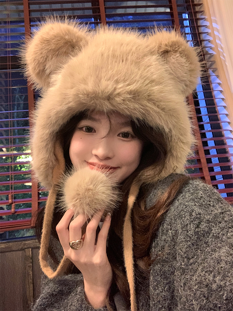 Cute Bear Plush Thick Ear Protection Hat for Women â€“ Autumn & Winter 2025 Lei Feng Style, Cozy and Adorable
