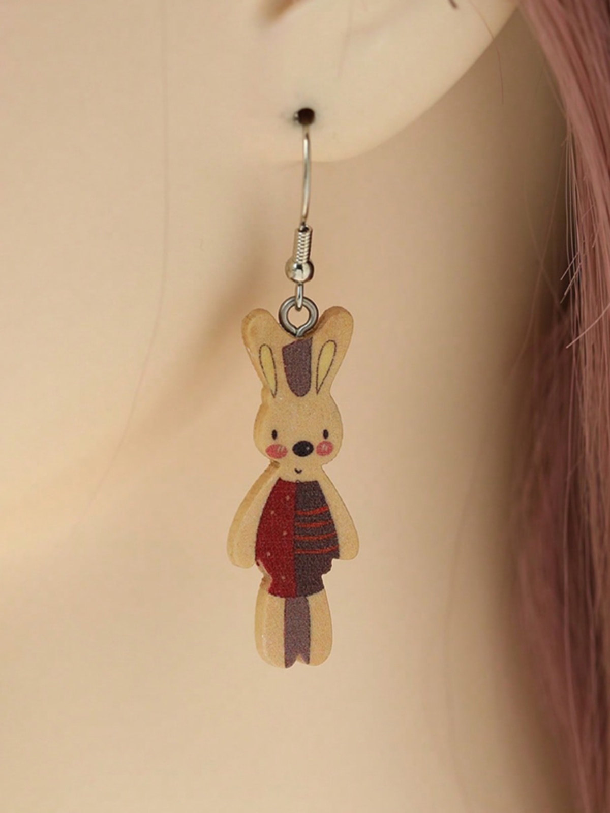 Cute Bunny Ear Drop Earrings - Solid Wood Printed Jewelry for Students & Friends, Versatile Easter Accessories, Youthful and Fun Cute Bunny Ear Drop Earrings - Solid Wood Printed Jewelry for Students & Friends, Versatile Easter Accessories, Youthful and Fun