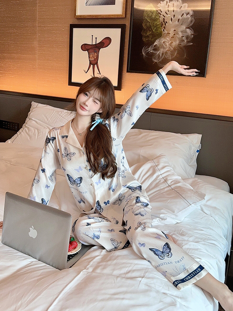 Cute Butterfly Print Long Sleeve Pajama Set for Girls - Ice Silk Homewear for Spring & Autumn - Comfortable Wearable Fashion Cute Butterfly Print Long Sleeve Pajama Set for Girls - Ice Silk Homewear for Spring & Autumn - Comfortable Wearable Fashion