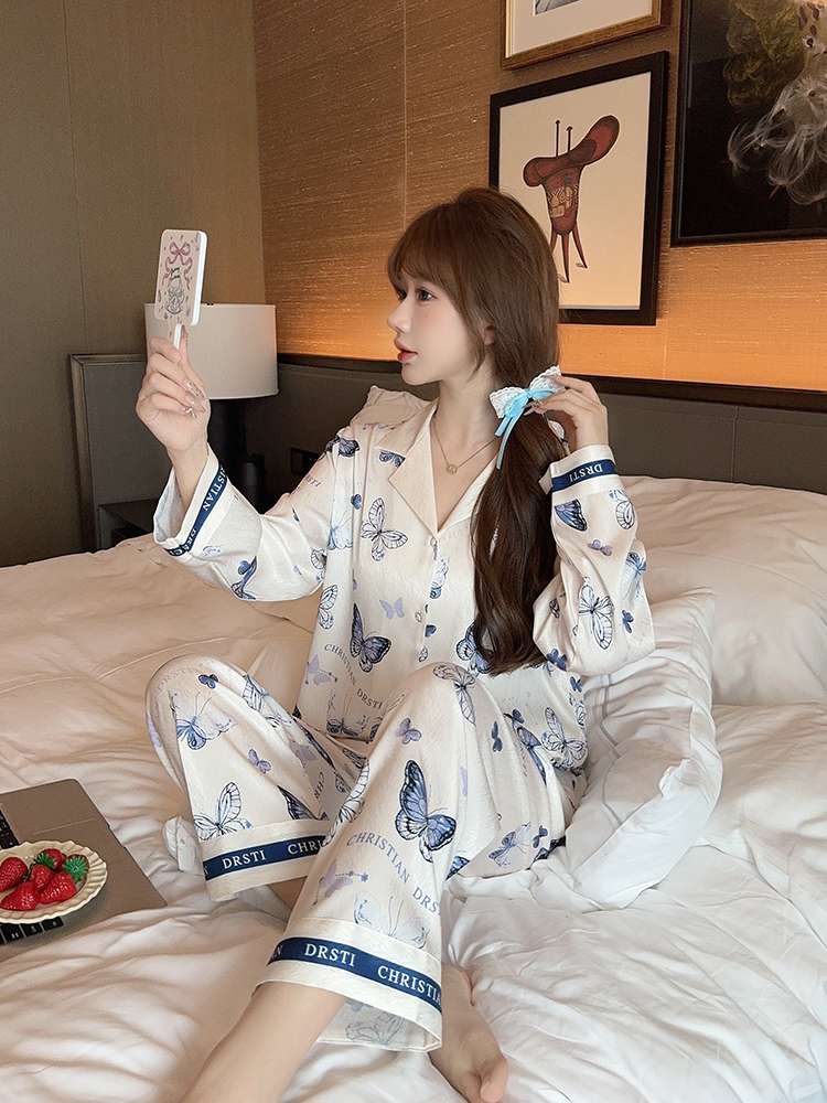 Cute Butterfly Print Long Sleeve Pajama Set for Girls - Ice Silk Homewear for Spring & Autumn - Comfortable Wearable Fashion Cute Butterfly Print Long Sleeve Pajama Set for Girls - Ice Silk Homewear for Spring & Autumn - Comfortable Wearable Fashion