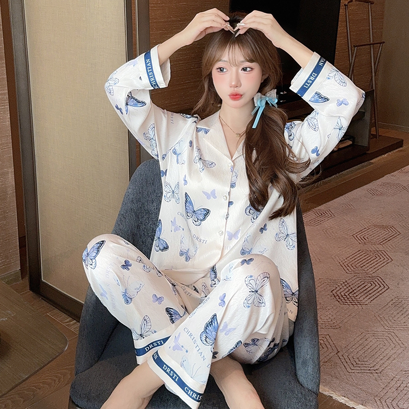 Cute Butterfly Print Long Sleeve Pajama Set for Girls - Ice Silk Homewear for Spring & Autumn - Comfortable Wearable Fashion