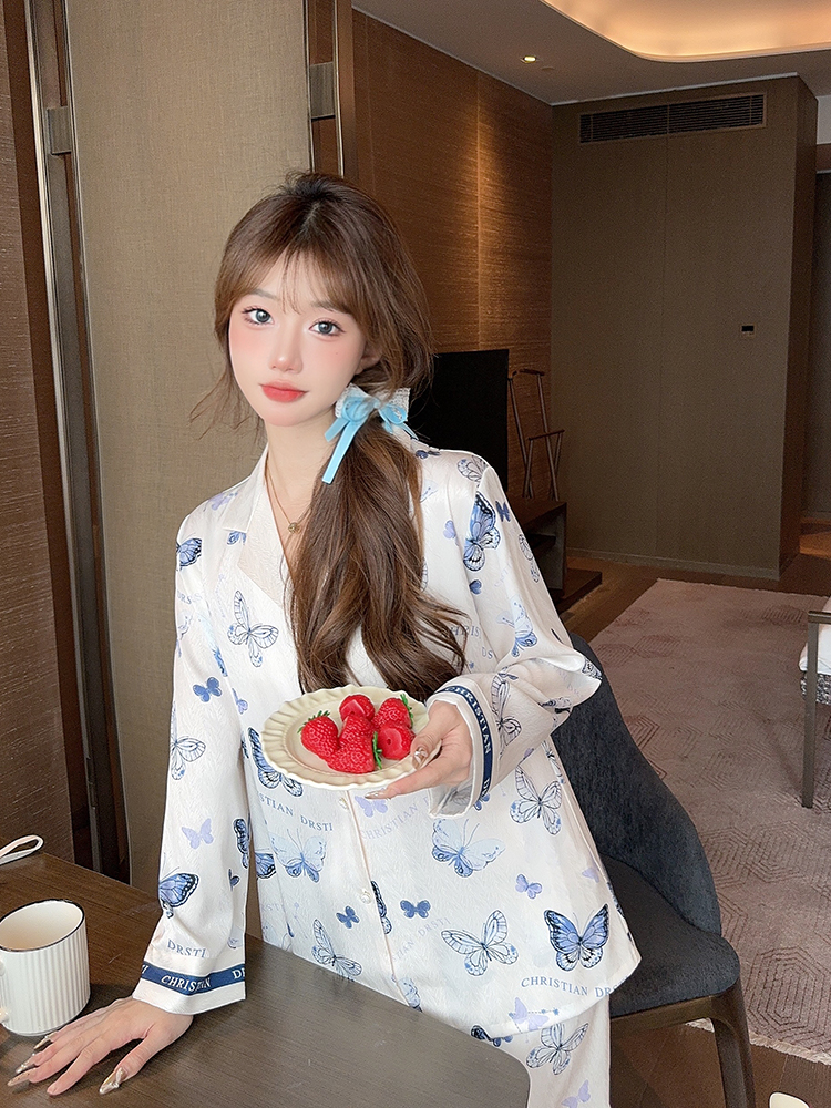 Cute Butterfly Print Long Sleeve Pajama Set for Girls - Ice Silk Homewear for Spring & Autumn - Comfortable Wearable Fashion Cute Butterfly Print Long Sleeve Pajama Set for Girls - Ice Silk Homewear for Spring & Autumn - Comfortable Wearable Fashion