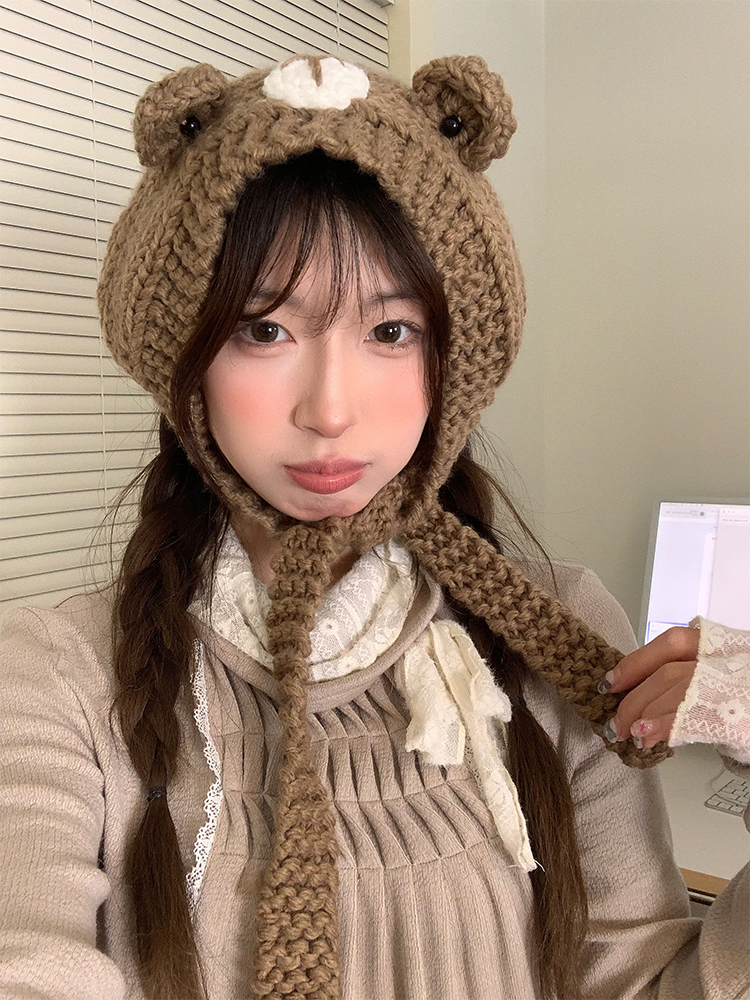 Cute Cartoon Bear Ear Hat - Knitted Winter Warmth for Head Protection - Adorable Cozy Accessory for Cold Weather Cute Cartoon Bear Ear Hat - Knitted Winter Warmth for Head Protection - Adorable Cozy Accessory for Cold Weather