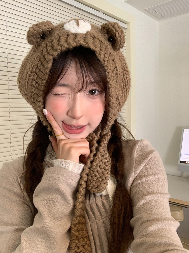 Cute Cartoon Bear Ear Hat - Knitted Winter Warmth for Head Protection - Adorable Cozy Accessory for Cold Weather Cute Cartoon Bear Ear Hat - Knitted Winter Warmth for Head Protection - Adorable Cozy Accessory for Cold Weather