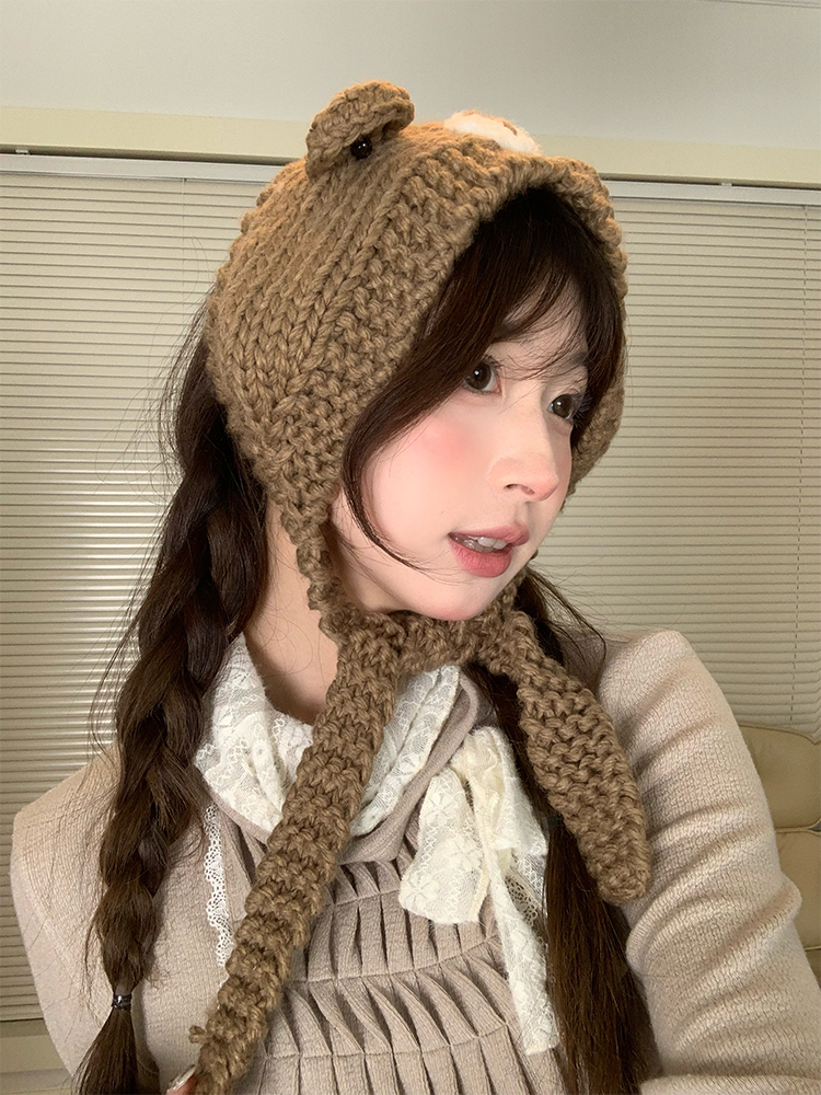 Cute Cartoon Bear Ear Hat - Knitted Winter Warmth for Head Protection - Adorable Cozy Accessory for Cold Weather Cute Cartoon Bear Ear Hat - Knitted Winter Warmth for Head Protection - Adorable Cozy Accessory for Cold Weather