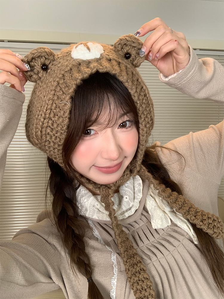 Cute Cartoon Bear Ear Hat - Knitted Winter Warmth for Head Protection - Adorable Cozy Accessory for Cold Weather Cute Cartoon Bear Ear Hat - Knitted Winter Warmth for Head Protection - Adorable Cozy Accessory for Cold Weather