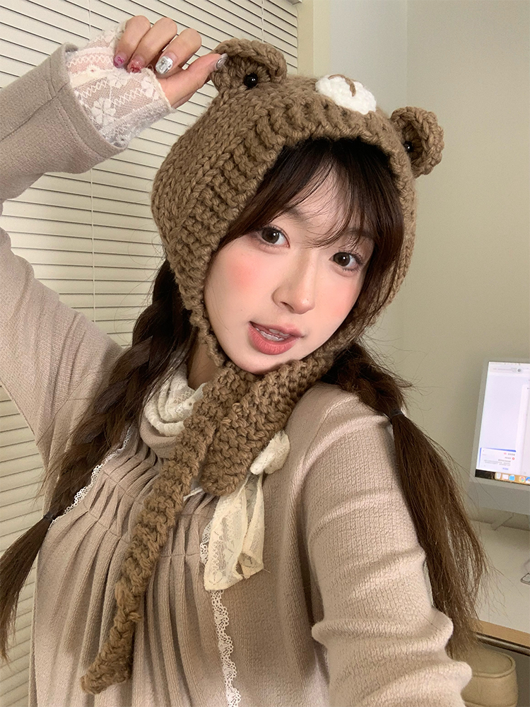 Cute Cartoon Bear Ear Hat - Knitted Winter Warmth for Head Protection - Adorable Cozy Accessory for Cold Weather Cute Cartoon Bear Ear Hat - Knitted Winter Warmth for Head Protection - Adorable Cozy Accessory for Cold Weather