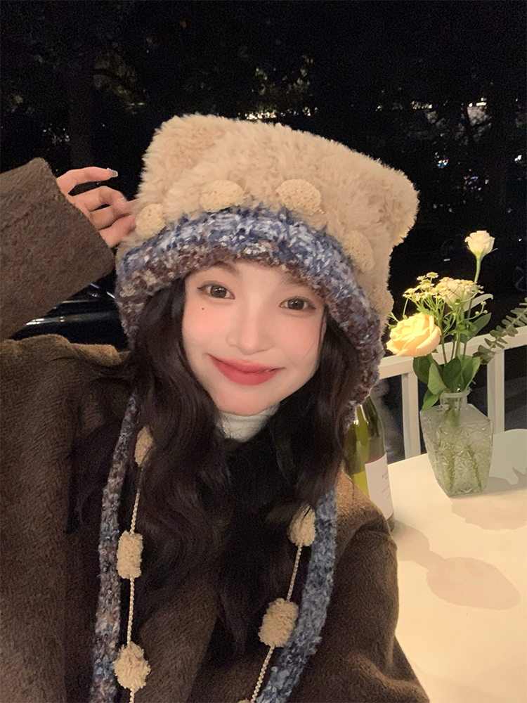 Cute Knitted Bear Plush Hat for Women - Colorful Tie Warm Lei Feng Style - Adorable Winter Accessory Cute Knitted Bear Plush Hat for Women - Colorful Tie Warm Lei Feng Style - Adorable Winter Accessory
