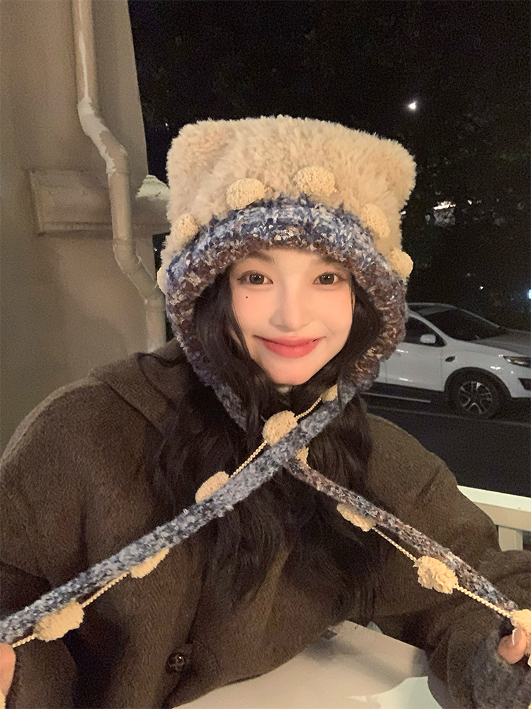 Cute Knitted Bear Plush Hat for Women - Colorful Tie Warm Lei Feng Style - Adorable Winter Accessory Cute Knitted Bear Plush Hat for Women - Colorful Tie Warm Lei Feng Style - Adorable Winter Accessory