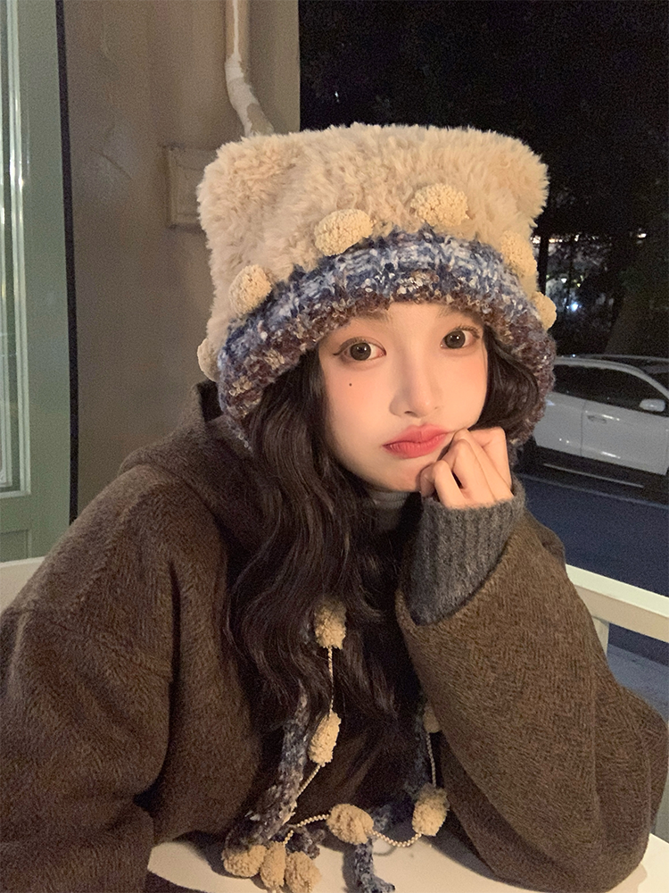 Cute Knitted Bear Plush Hat for Women - Colorful Tie Warm Lei Feng Style - Adorable Winter Accessory Cute Knitted Bear Plush Hat for Women - Colorful Tie Warm Lei Feng Style - Adorable Winter Accessory