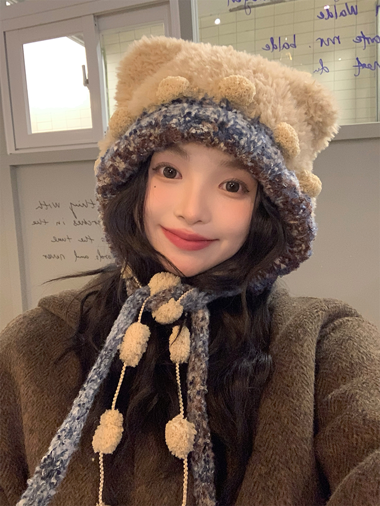 Cute Knitted Bear Plush Hat for Women - Colorful Tie Warm Lei Feng Style - Adorable Winter Accessory Cute Knitted Bear Plush Hat for Women - Colorful Tie Warm Lei Feng Style - Adorable Winter Accessory