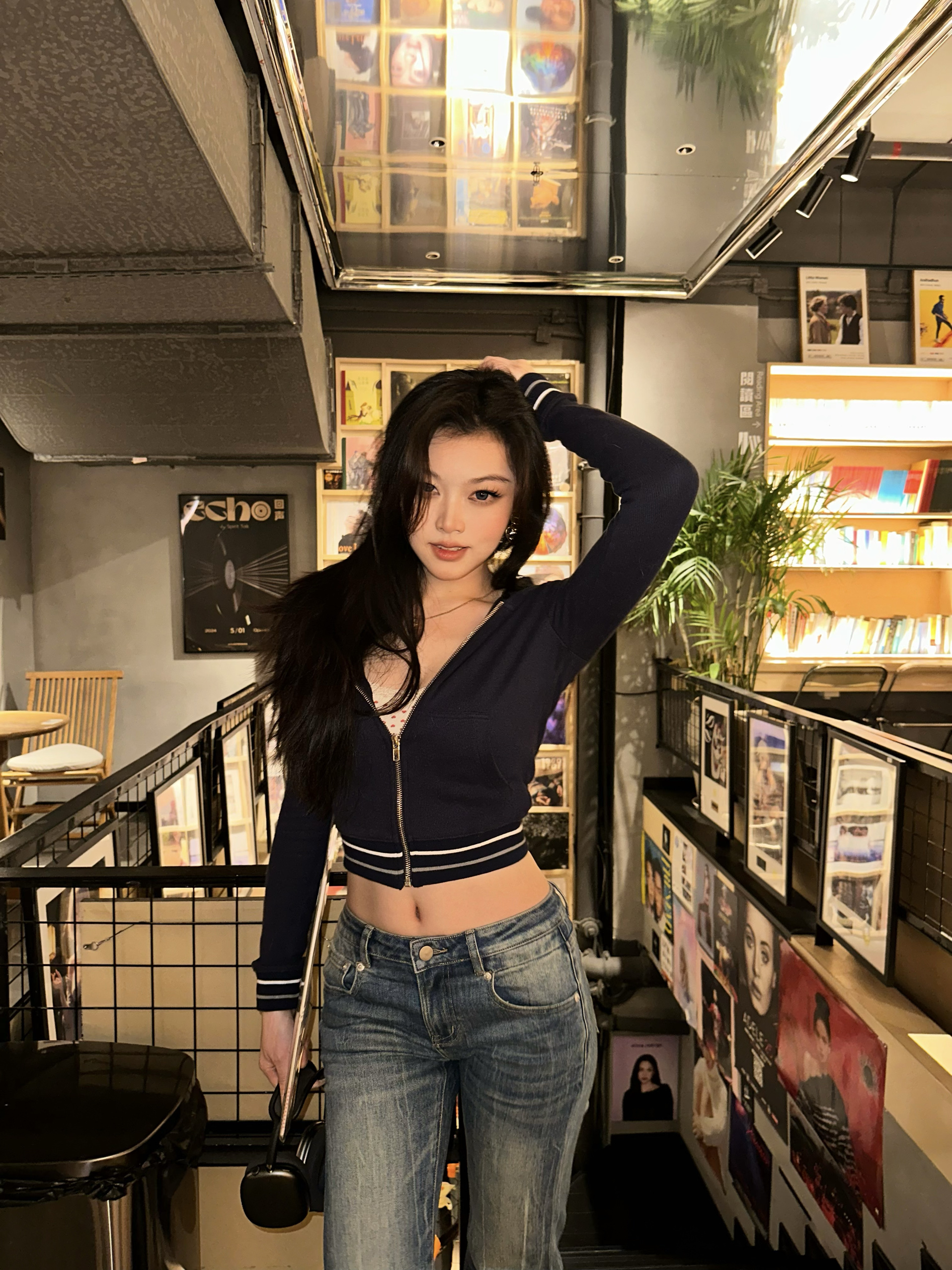 Dark Blue Belted Small Jacket for Women - Small Waist, American Retro Style, Figure-Flattering Design