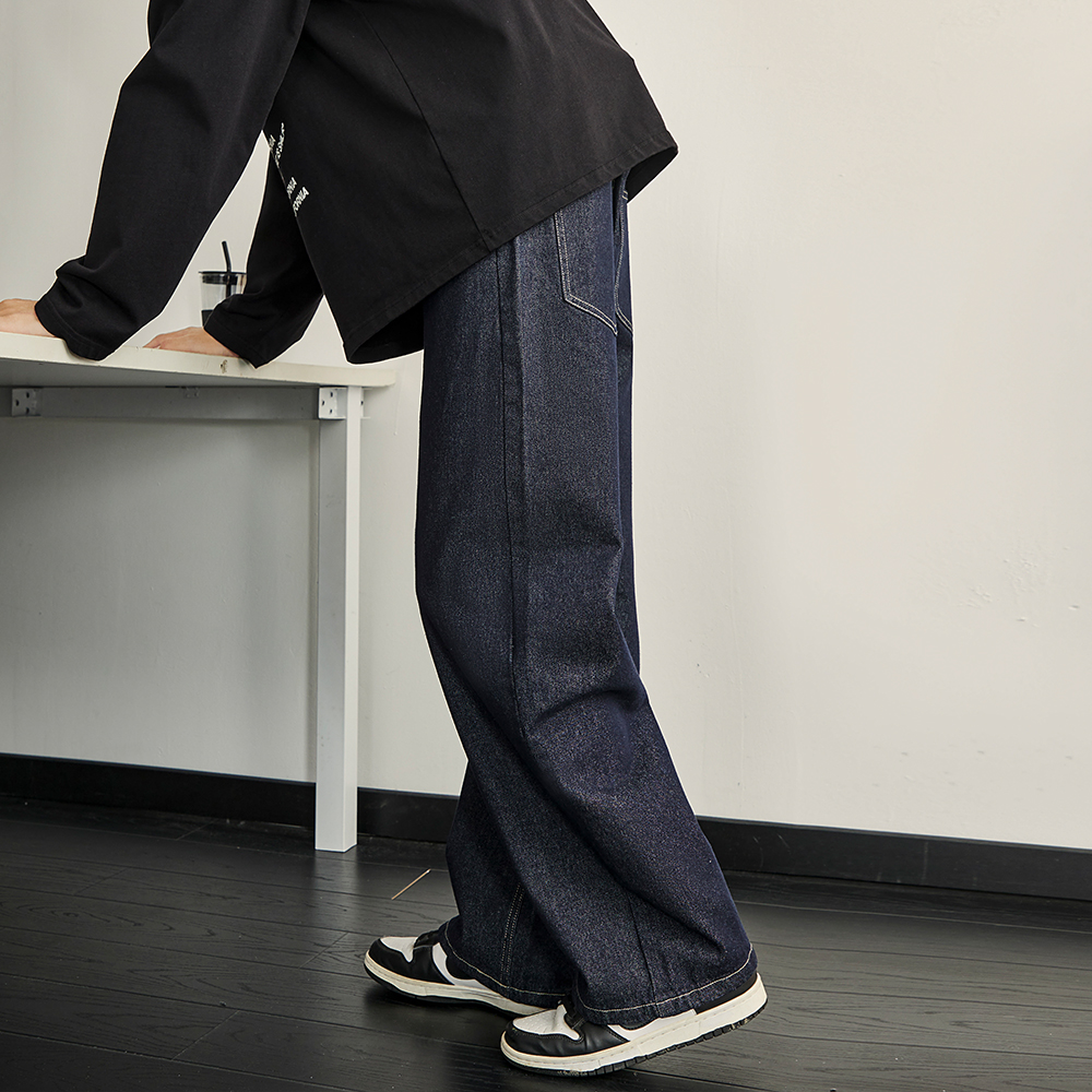 Dark Blue Denim Men's Wide-Leg Clean Fit Pants - Vintage American Style Slim Straight for Spring and Summer Fashion