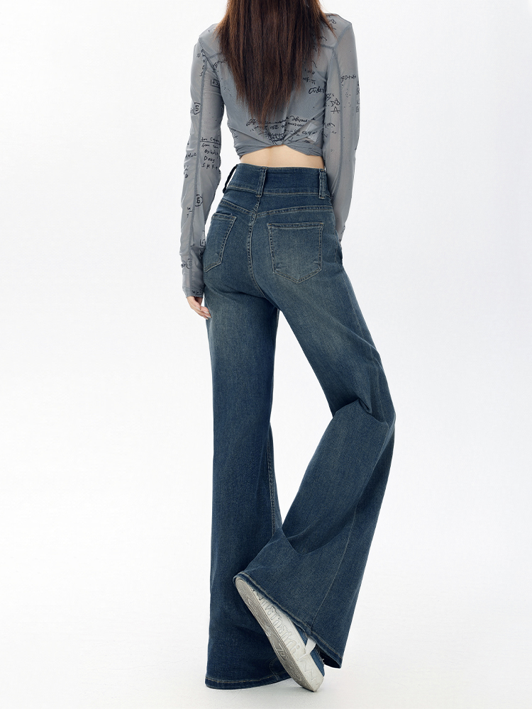 Dark Blue Flared Jeans for Women - Loose Fit American Style, Drape Design, Perfect for Fall 2025, Ideal for Petite Figures Dark Blue Flared Jeans for Women - Loose Fit American Style, Drape Design, Perfect for Fall 2025, Ideal for Petite Figures