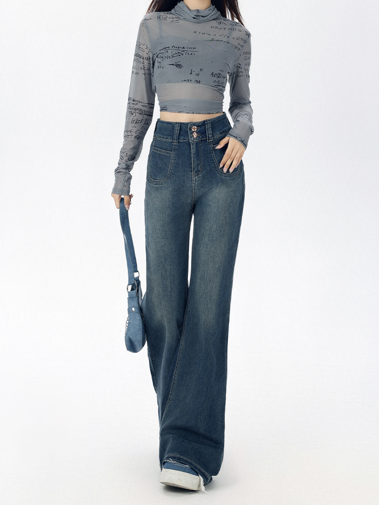 Dark Blue Flared Jeans for Women - Loose Fit American Style, Drape Design, Perfect for Fall 2025, Ideal for Petite Figures Dark Blue Flared Jeans for Women - Loose Fit American Style, Drape Design, Perfect for Fall 2025, Ideal for Petite Figures