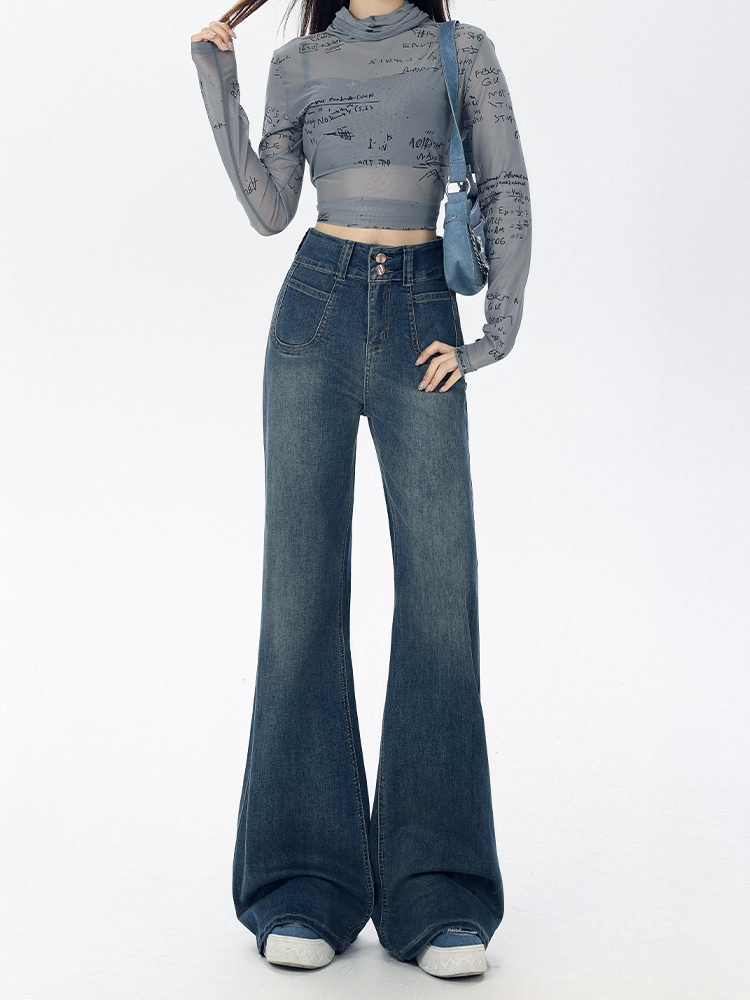 Dark Blue Flared Jeans for Women - Loose Fit American Style, Drape Design, Perfect for Fall 2025, Ideal for Petite Figures Dark Blue Flared Jeans for Women - Loose Fit American Style, Drape Design, Perfect for Fall 2025, Ideal for Petite Figures