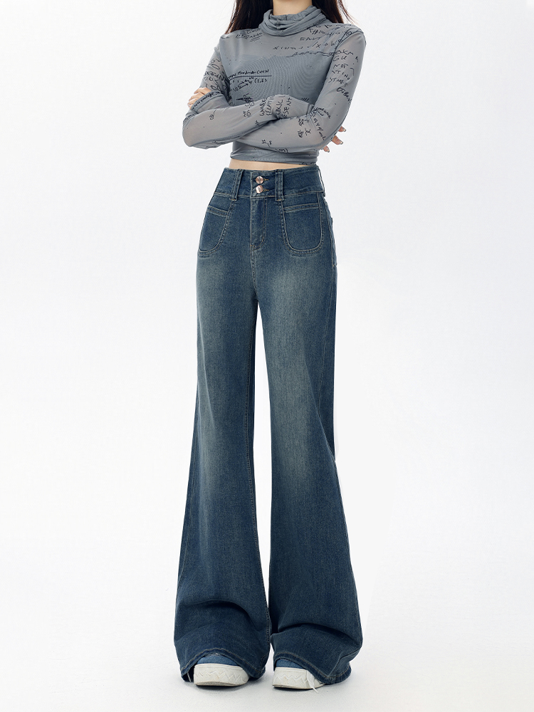 Dark Blue Flared Jeans for Women - Loose Fit American Style, Drape Design, Perfect for Fall 2025, Ideal for Petite Figures Dark Blue Flared Jeans for Women - Loose Fit American Style, Drape Design, Perfect for Fall 2025, Ideal for Petite Figures