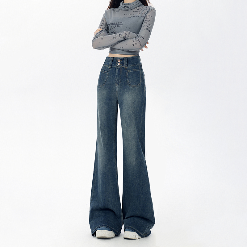 Dark Blue Flared Jeans for Women - Loose Fit American Style, Drape Design, Perfect for Fall 2025, Ideal for Petite Figures