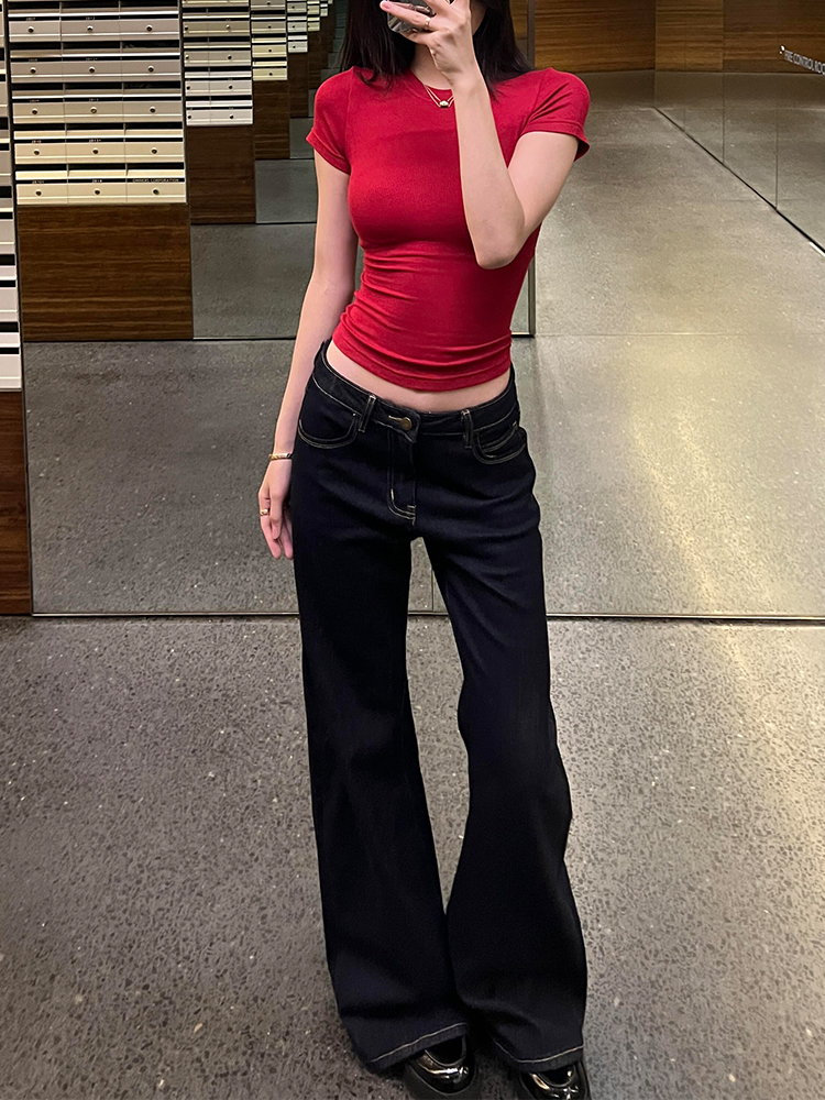 Dark Blue Flared Jeans for Women - Low-Waist Slim-Fit Wide-Leg Trousers, Spring/Summer Fashion, Flattering Straight-Leg Style