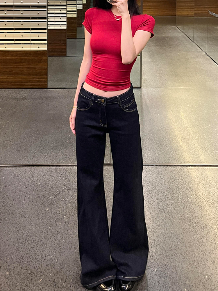 Dark Blue Flared Jeans for Women - Low-Waist Slim-Fit Wide-Leg Trousers, Spring/Summer Fashion, Flattering Straight-Leg Style