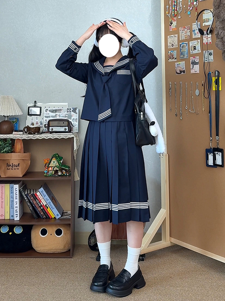 Dark Blue Three-Piece Japanese Style JK Uniform Set for Women | Long Sleeve Pudding Bear Design | Spring Fashion 2025 Dark Blue Three-Piece Japanese Style JK Uniform Set for Women | Long Sleeve Pudding Bear Design | Spring Fashion 2025