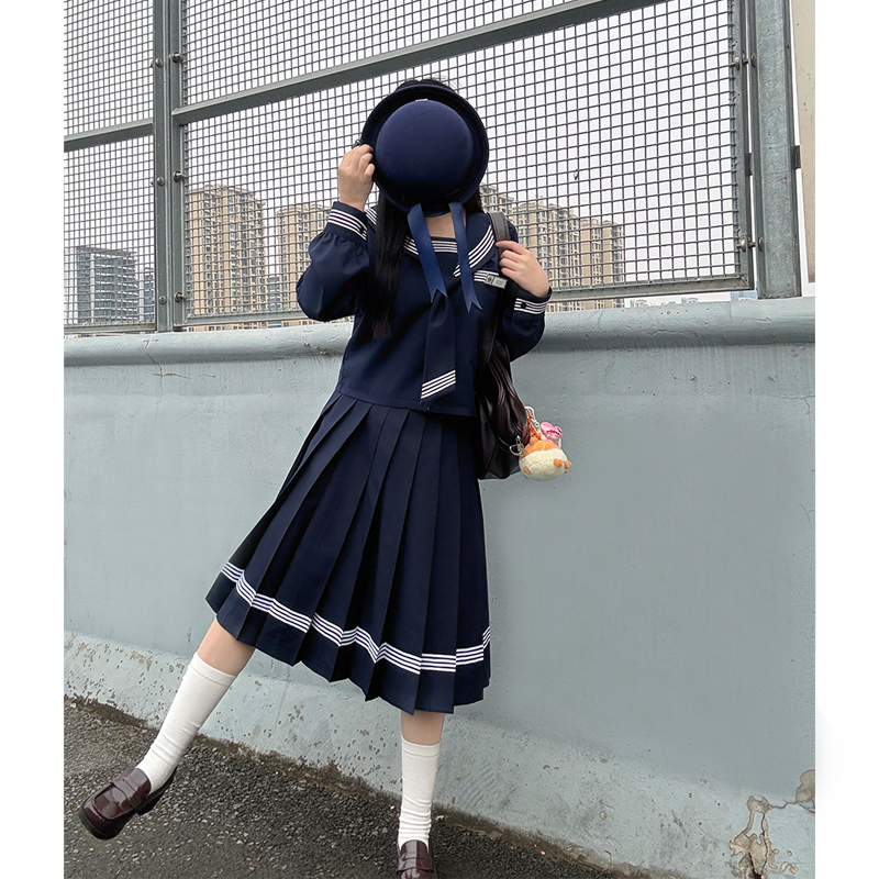 Dark Blue Three-Piece Japanese Style JK Uniform Set for Women | Long Sleeve Pudding Bear Design | Spring Fashion 2025