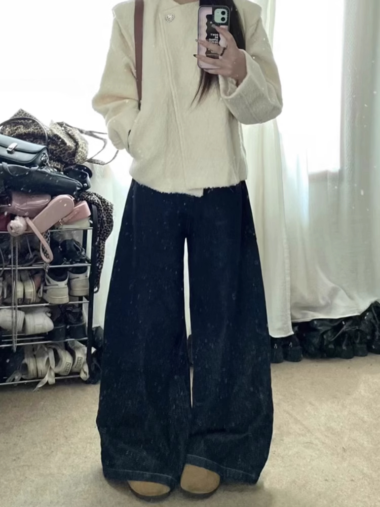 Dark Blue Wide-Leg Jeans for Women - Summer Loose Fit, Lazy Fashion, Slimming Drape, Straight Cut, Trendy Casual Style