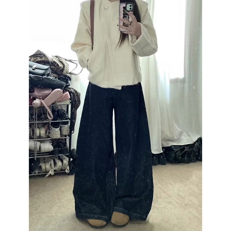 Dark Blue Wide-Leg Jeans for Women - Summer Loose Fit, Lazy Fashion, Slimming Drape, Straight Cut, Trendy Casual Style