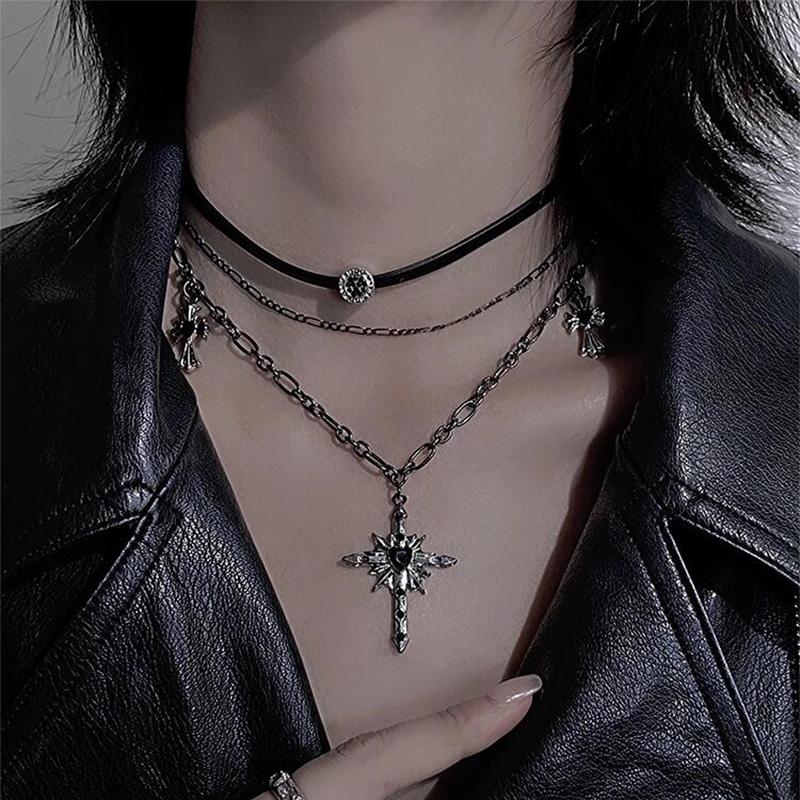 Dark Cross Layered Necklace Y2K Gothic Choker Collar Leather Clavicle Chain Accessory for Hot Girl Style Dark Cross Layered Necklace Y2K Gothic Choker Collar Leather Clavicle Chain Accessory for Hot Girl Style