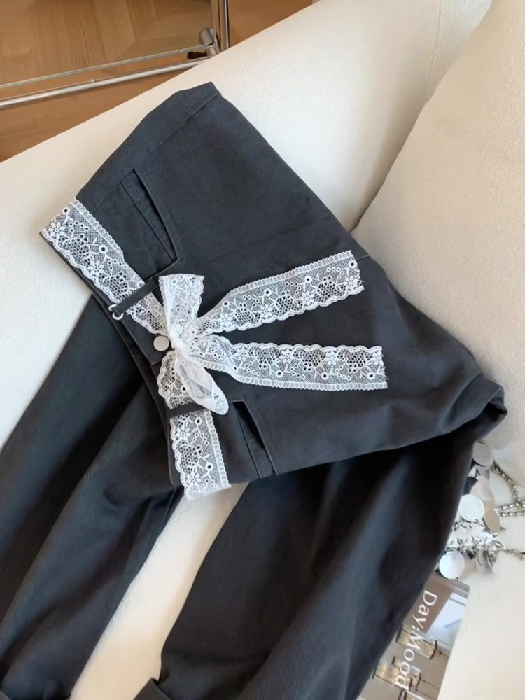 Dark Gray Vintage Lace Trim Casual Pants for Women, Petite Loose Versatile Straight-Leg Trousers, Spring 2025 Fashion Dark Gray Vintage Lace Trim Casual Pants for Women, Petite Loose Versatile Straight-Leg Trousers, Spring 2025 Fashion