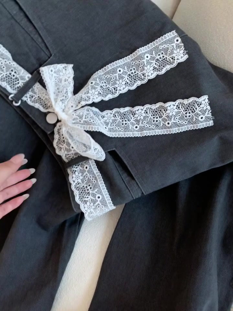 Dark Gray Vintage Lace Trim Casual Pants for Women, Petite Loose Versatile Straight-Leg Trousers, Spring 2025 Fashion Dark Gray Vintage Lace Trim Casual Pants for Women, Petite Loose Versatile Straight-Leg Trousers, Spring 2025 Fashion