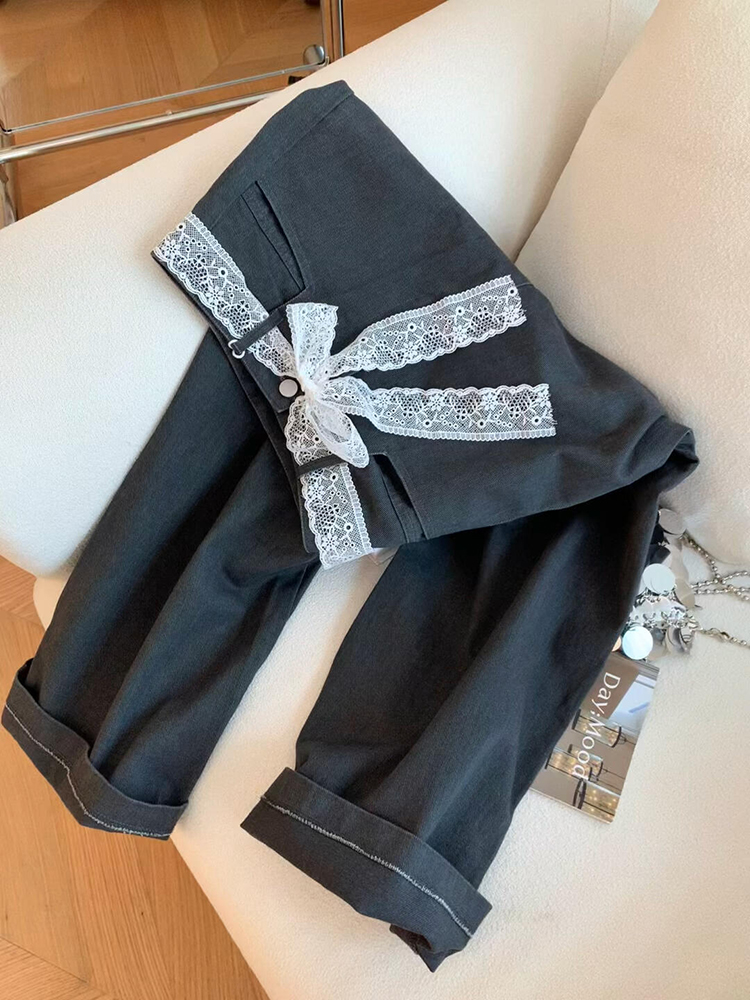 Dark Gray Vintage Lace Trim Casual Pants for Women, Petite Loose Versatile Straight-Leg Trousers, Spring 2025 Fashion Dark Gray Vintage Lace Trim Casual Pants for Women, Petite Loose Versatile Straight-Leg Trousers, Spring 2025 Fashion