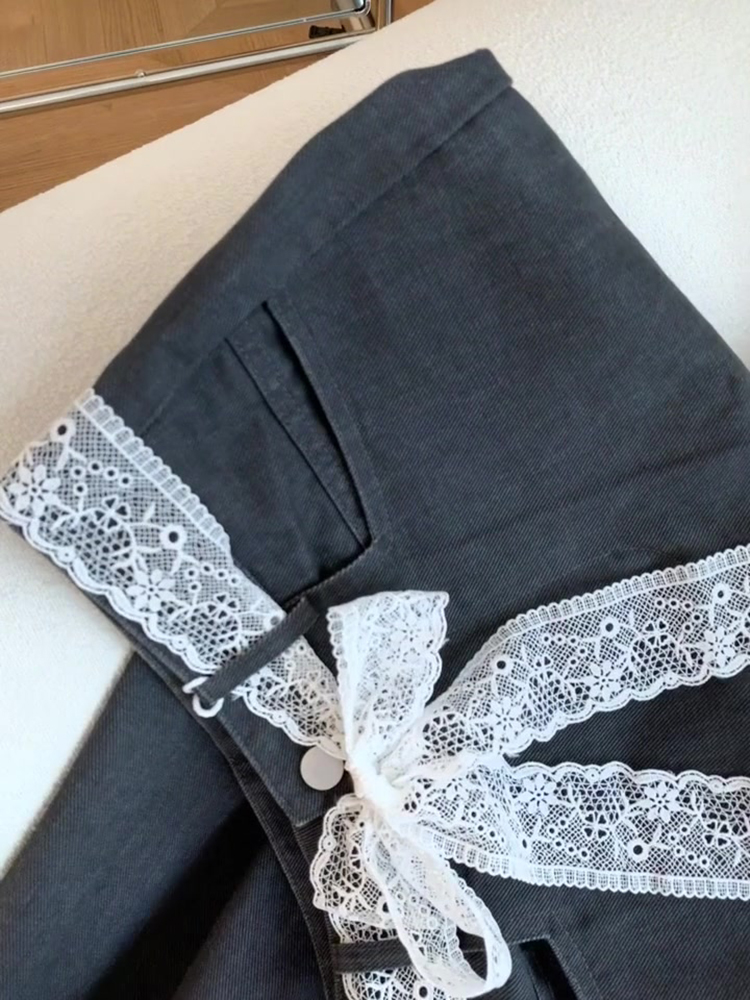 Dark Gray Vintage Lace Trim Casual Pants for Women, Petite Loose Versatile Straight-Leg Trousers, Spring 2025 Fashion Dark Gray Vintage Lace Trim Casual Pants for Women, Petite Loose Versatile Straight-Leg Trousers, Spring 2025 Fashion