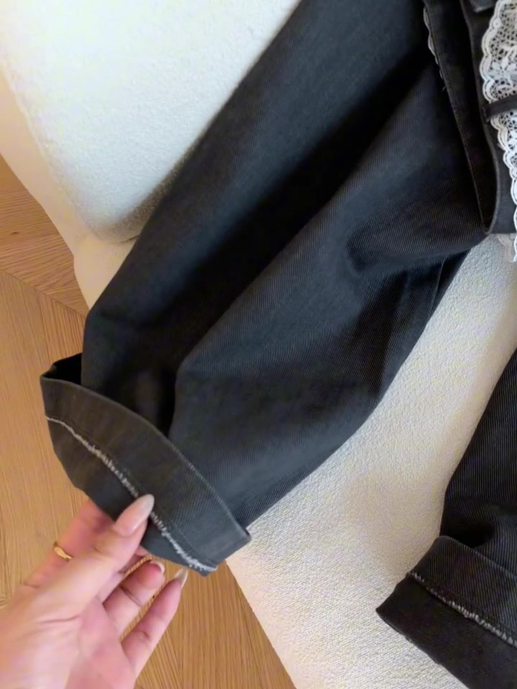 Dark Gray Vintage Lace Trim Casual Pants for Women, Petite Loose Versatile Straight-Leg Trousers, Spring 2025 Fashion Dark Gray Vintage Lace Trim Casual Pants for Women, Petite Loose Versatile Straight-Leg Trousers, Spring 2025 Fashion