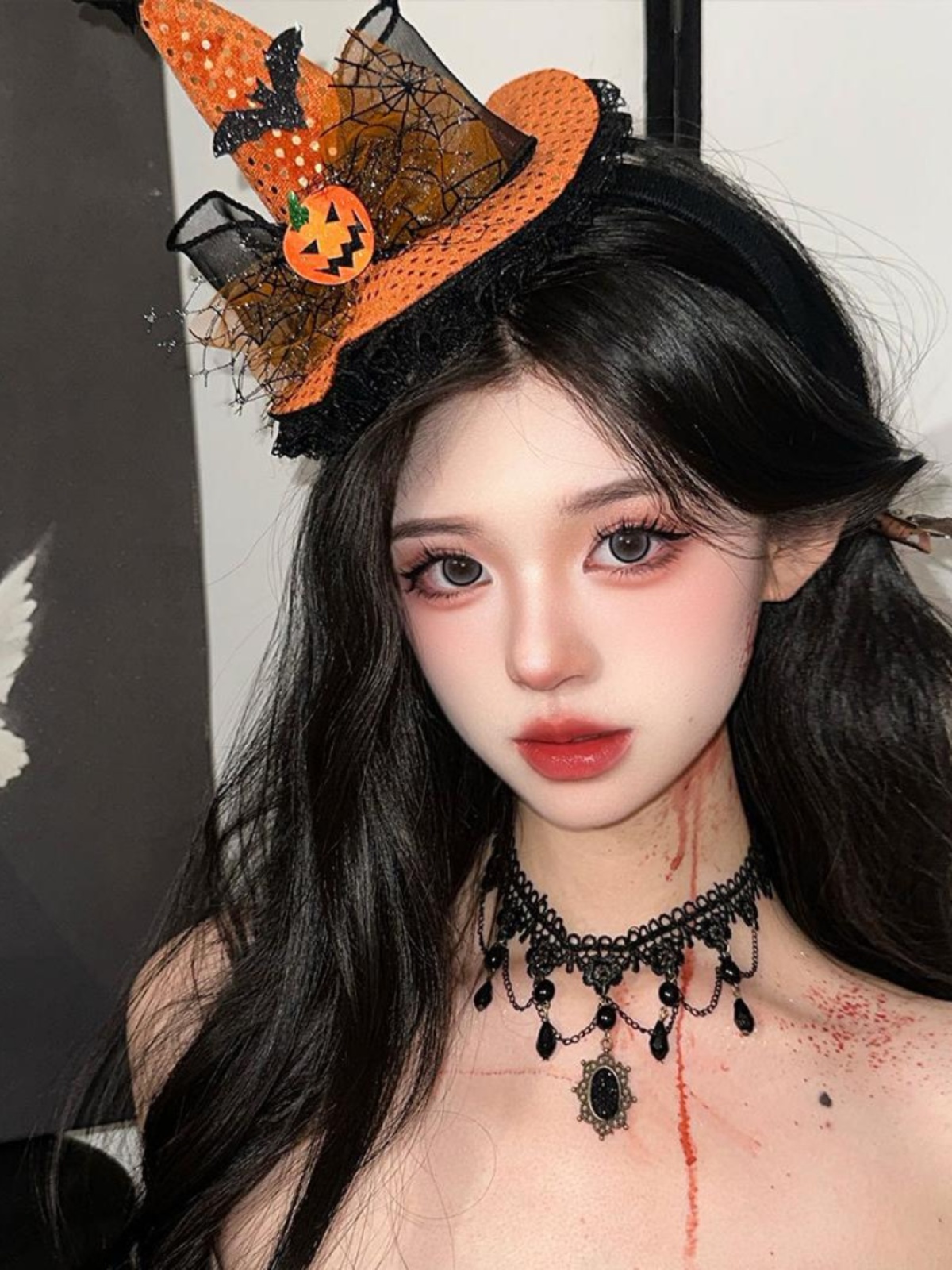 Dark Lolita Witch Hat Headband with Pumpkin and Ghost Accents - Halloween Hairpin Accessory for Spooky Style Dark Lolita Witch Hat Headband with Pumpkin and Ghost Accents - Halloween Hairpin Accessory for Spooky Style