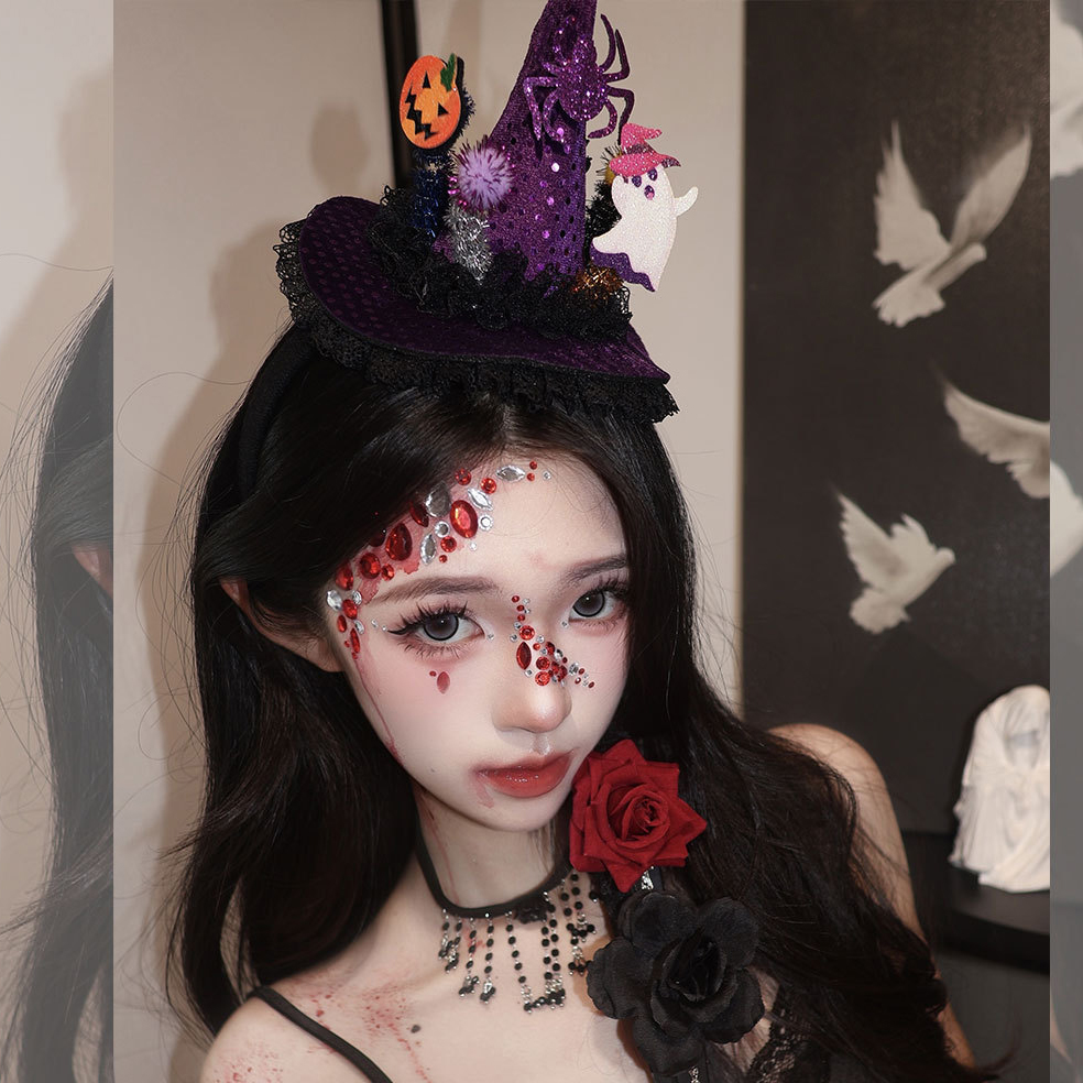 Dark Lolita Witch Hat Headband with Pumpkin and Ghost Accents - Halloween Hairpin Accessory for Spooky Style Dark Lolita Witch Hat Headband with Pumpkin and Ghost Accents - Halloween Hairpin Accessory for Spooky Style