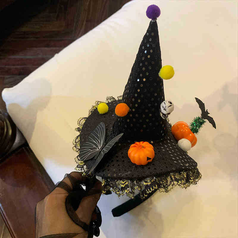 Dark Lolita Witch Hat Headband with Pumpkin and Ghost Accents - Halloween Hairpin Accessory for Spooky Style Dark Lolita Witch Hat Headband with Pumpkin and Ghost Accents - Halloween Hairpin Accessory for Spooky Style