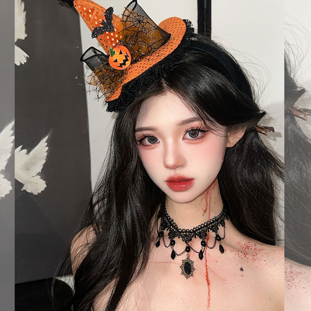 Dark Lolita Witch Hat Headband with Pumpkin and Ghost Accents - Halloween Hairpin Accessory for Spooky Style Dark Lolita Witch Hat Headband with Pumpkin and Ghost Accents - Halloween Hairpin Accessory for Spooky Style