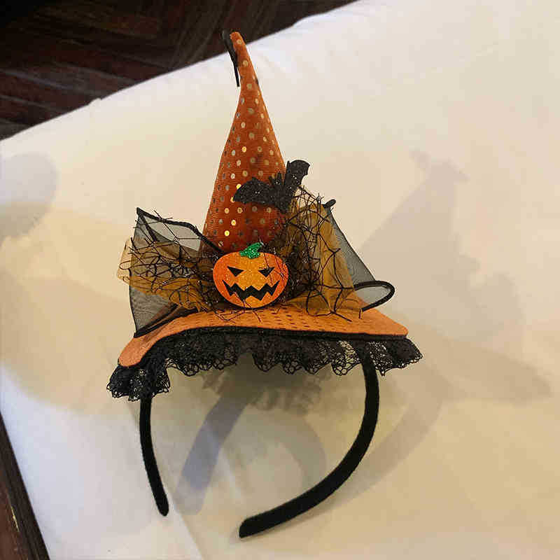Dark Lolita Witch Hat Headband with Pumpkin and Ghost Accents - Halloween Hairpin Accessory for Spooky Style