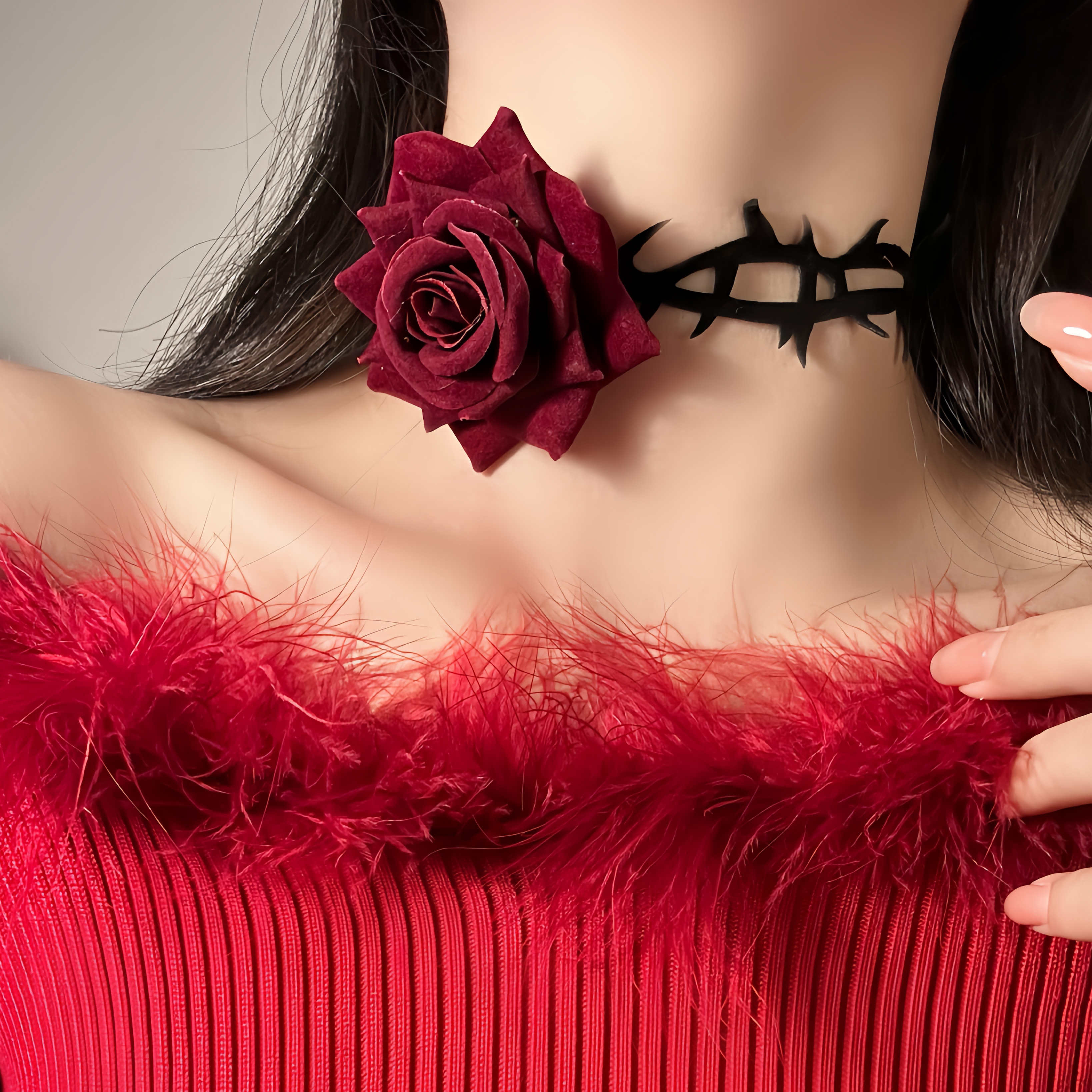 Dark Night Red Rose Choker Necklace with Black Thorn Design - Velvet Strap Collar for Halloween and Costume Accessories Dark Night Red Rose Choker Necklace with Black Thorn Design - Velvet Strap Collar for Halloween and Costume Accessories