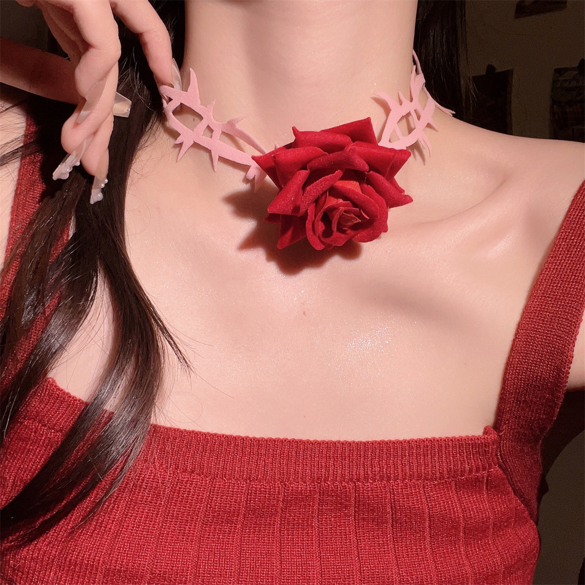 Dark Night Red Rose Choker Necklace with Black Thorn Design - Velvet Strap Collar for Halloween and Costume Accessories Dark Night Red Rose Choker Necklace with Black Thorn Design - Velvet Strap Collar for Halloween and Costume Accessories