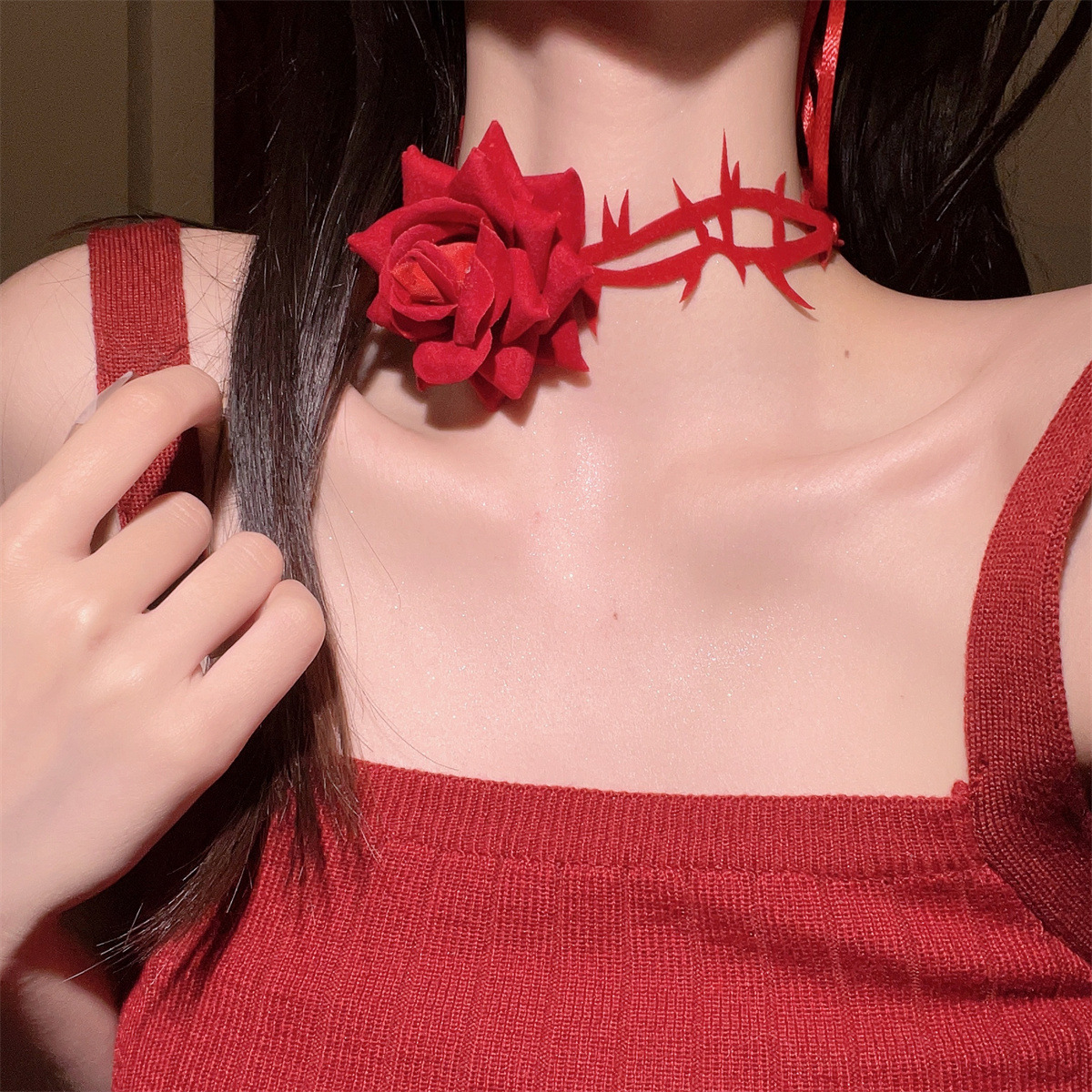 Dark Night Red Rose Choker Necklace with Black Thorn Design - Velvet Strap Collar for Halloween and Costume Accessories Dark Night Red Rose Choker Necklace with Black Thorn Design - Velvet Strap Collar for Halloween and Costume Accessories