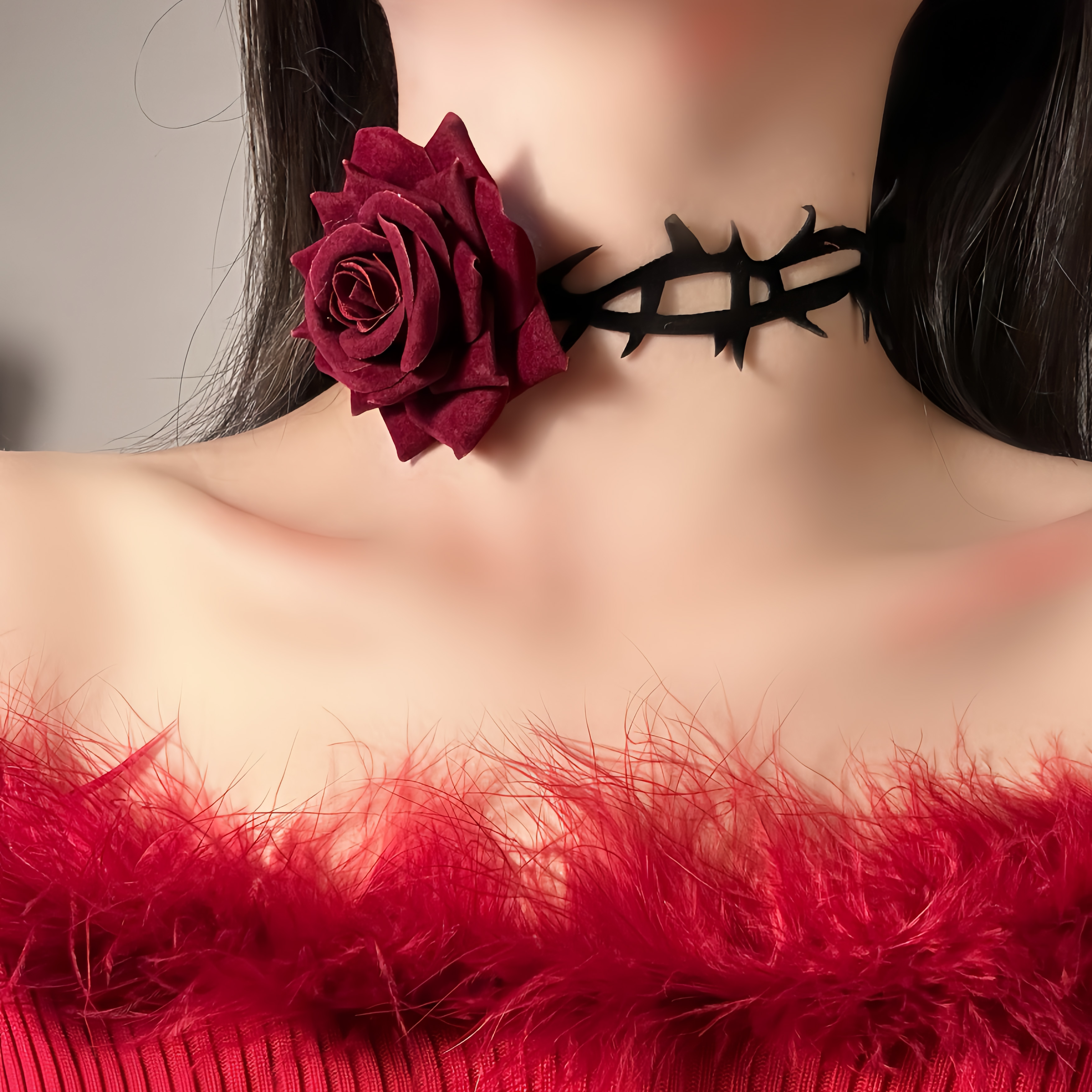 Dark Night Red Rose Choker Necklace with Black Thorn Design - Velvet Strap Collar for Halloween and Costume Accessories Dark Night Red Rose Choker Necklace with Black Thorn Design - Velvet Strap Collar for Halloween and Costume Accessories