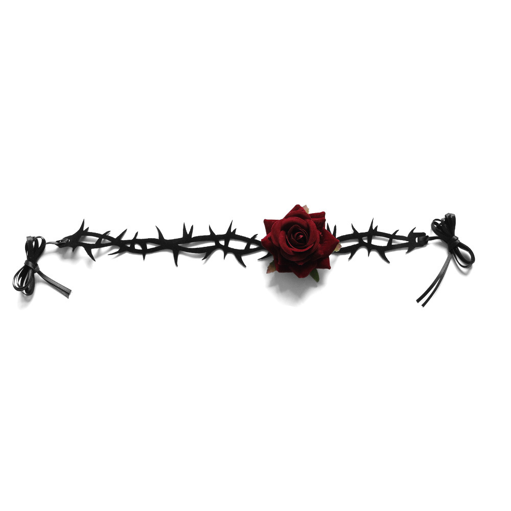 Dark Night Red Rose Choker Necklace with Black Thorn Design - Velvet Strap Collar for Halloween and Costume Accessories Dark Night Red Rose Choker Necklace with Black Thorn Design - Velvet Strap Collar for Halloween and Costume Accessories