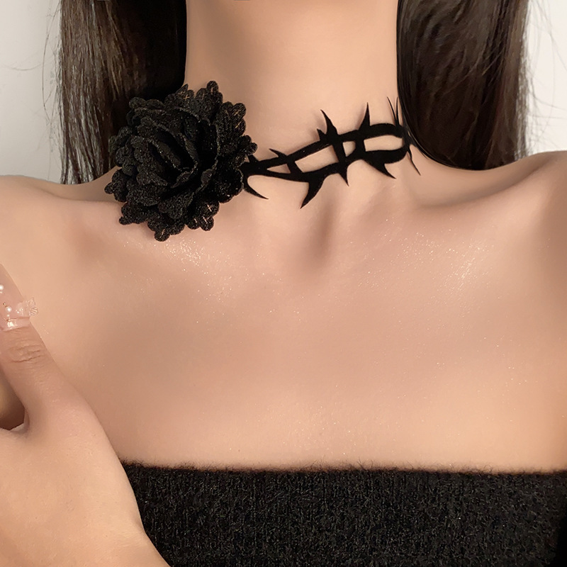 Dark Night Red Rose Choker Necklace with Black Thorn Design - Velvet Strap Collar for Halloween and Costume Accessories Dark Night Red Rose Choker Necklace with Black Thorn Design - Velvet Strap Collar for Halloween and Costume Accessories