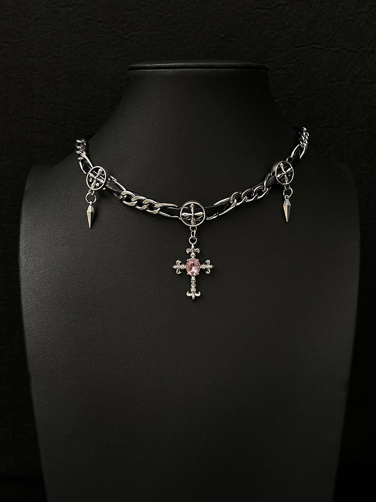 Dark Pink Diamond Studded Choker Necklace for Women - Y2K Punk Gothic Neck Chain - Sweet Cool Subculture Jewelry