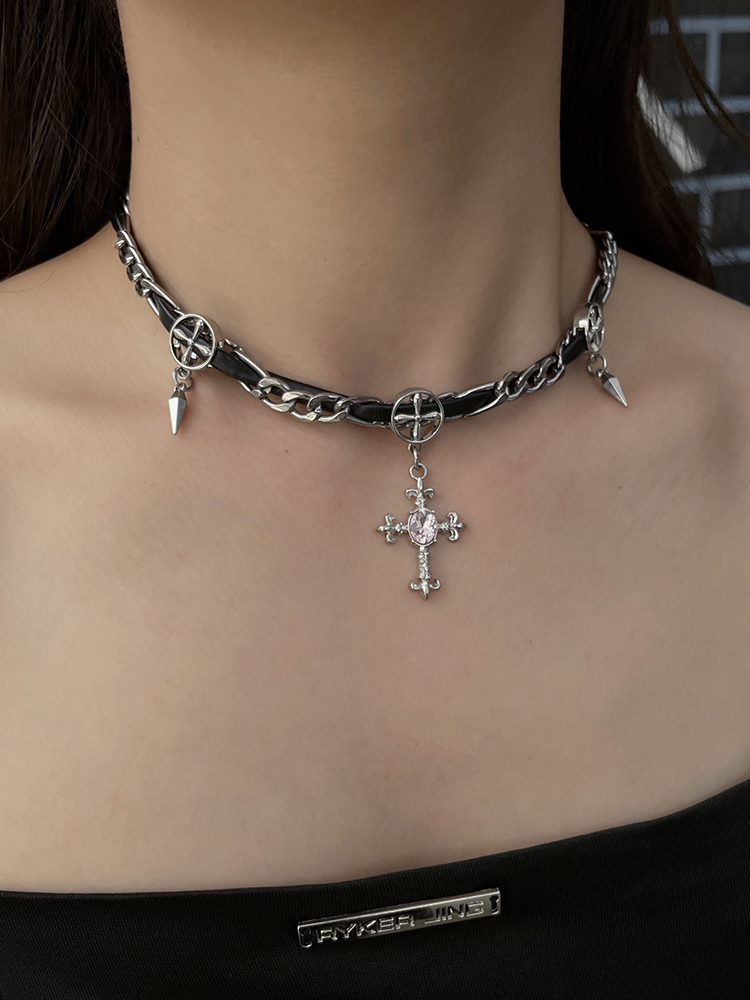 Dark Pink Diamond Studded Choker Necklace for Women - Y2K Punk Gothic Neck Chain - Sweet Cool Subculture Jewelry Dark Pink Diamond Studded Choker Necklace for Women - Y2K Punk Gothic Neck Chain - Sweet Cool Subculture Jewelry