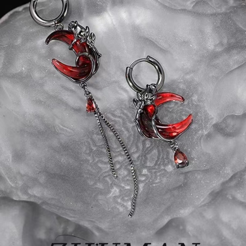 Dark Red Crescent Moon Earrings - Niche Tassel Asymmetrical Ear Clips, Unique Light Luxury Accessories for a Chic Look