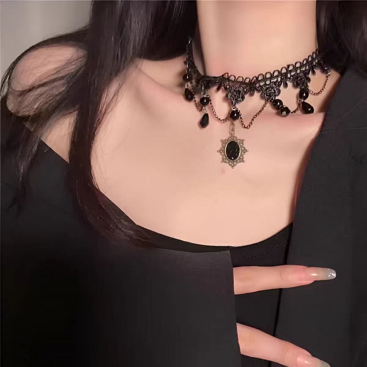 Dark Retro Halloween Choker Necklace with Black Pendant, Lace Trim, and Tassels for Women - Gothic, Vintage-Inspired Accessory Dark Retro Halloween Choker Necklace with Black Pendant, Lace Trim, and Tassels for Women - Gothic, Vintage-Inspired Accessory